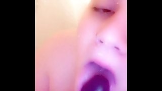 Onlyfans model sucking on a dildo in the shower, full video on onlyfans