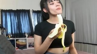 Banana loving schoolgirl gets hammered and covered in cum!