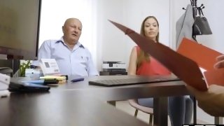 VIP4K. Old man watches his sexy girlfriend fuckin on the loaner's desk