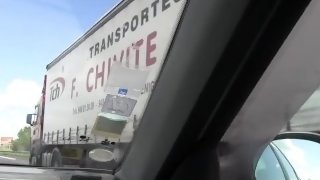 I dildo my pussy and show my tits to the truckers on the highway