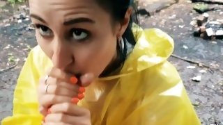 Brunette Girl in Yellow Raincoat Sucks Cock Outdoors