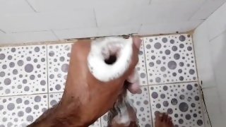Masturbating with a big shampooed cock🔥💦