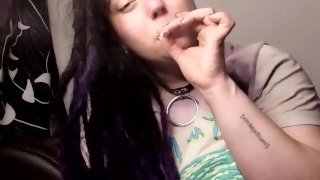 Cute big titty goth fucks herself while smoking j