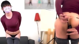 Wearing yoga pants do aerobics stuffing a long toy into butt, having an orgasm while exercising!
