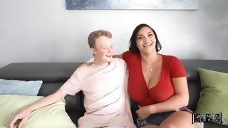 Redhead teenager fucks two slutty MILFs on the couch