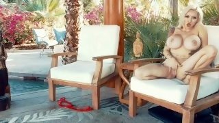 Bimbo plays with her pussy and tits poolside Palm Springs