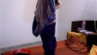 Indian Wife In Blue Sari Stripping Naked Showing Her Juicy Clean Shaved Pussy