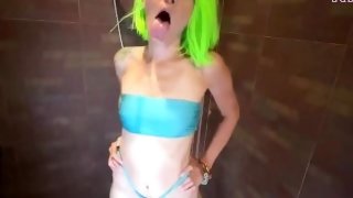 Stretching tight asshole of slobbery dirty slut in bright bikini, first she pisses in my mouth