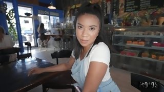 Young brunette Ameena Greene gets fucked in a cafe
