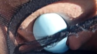 FTM trans whore moans loudly and cums with mini vibrator wet hole torn pantyhose