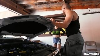 Blue-haired nympho gets eaten out and fucked in the garage